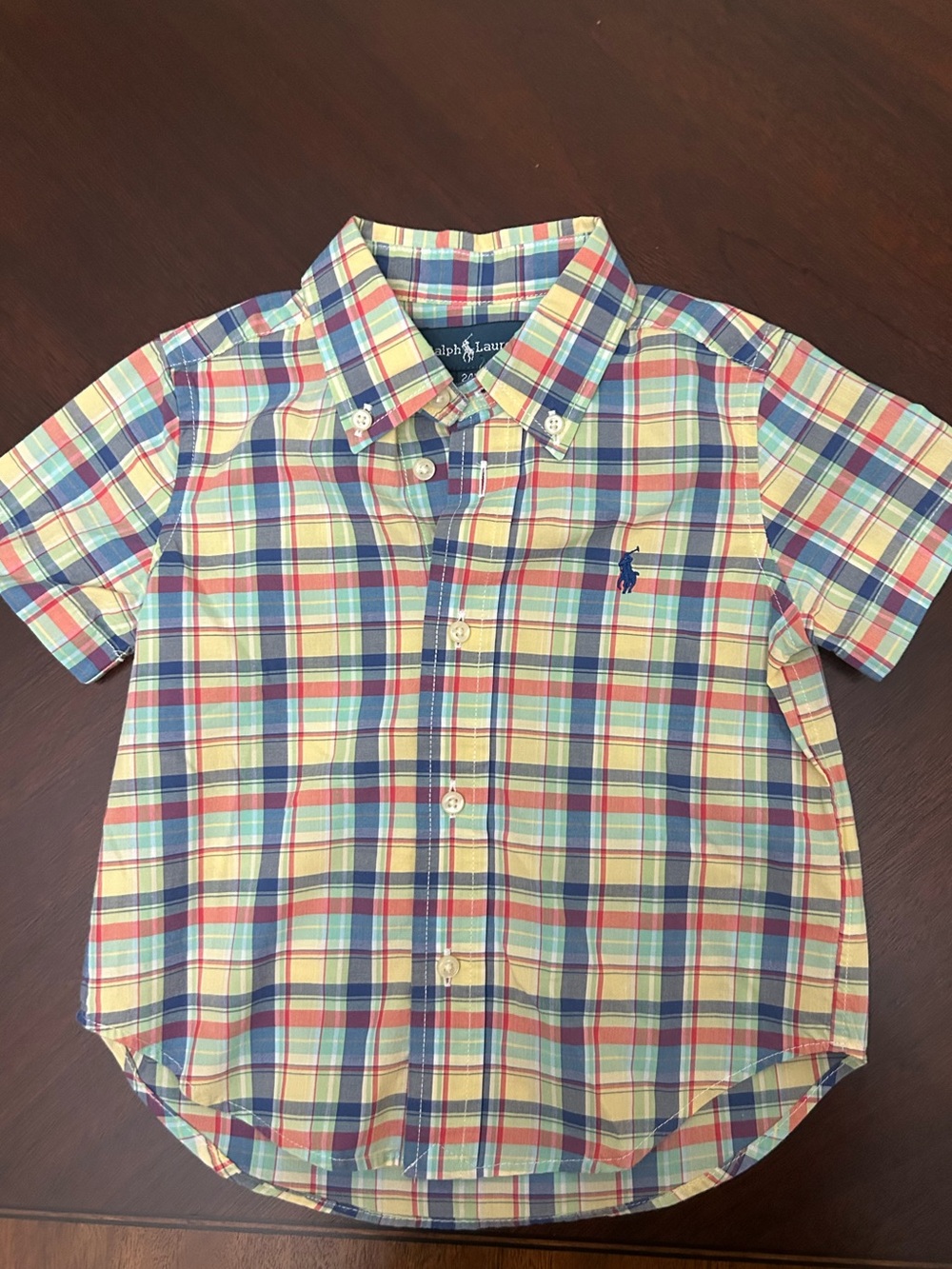 Ralph Lauren Baby Boys 24M Madras Plaid Button Down Shirt Pony Short Sleeve